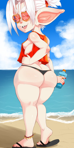 5_fingers albino anklet areola beach big_butt bikini bikini_bottom bottom_heavy breasts butt clothed clothing colored_nails day eyewear feet female female_humanoid fingers flip_flops footwear hair hand_on_side heart_sunglasses holding_object holding_sunscreen huge_butt humanoid_pointy_ears jewelry looking_back nails nipples not_furry open_mouth open_smile outside pale_body pale_skin pear-shaped_figure plantigrade pointy_ears raised_heel red_eyes red_nails sand sandals sea seaside sharp_teeth shirt shoes shortstack shortstack_female side_boob sky small_breasts smile soles solo sunglasses sunscreen swimwear tank_top teeth thick_thighs tied_hair topwear two-piece_swimsuit water white_body white_hair white_skin wide_hips nerdbayne bianca_(nerdbayne) goblin humanoid 2025 absurd_res hi_res signature
