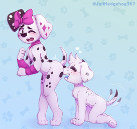 accessory anthro black_ears black_spots bow_ribbon butt_sniffing collar duo floppy_ears fur hair_accessory hair_ribbon heterochromatic_ears male male/male markings nose_to_anus pink_collar pink_inner_ear pink_ribbon pink_spots ribbons sniffing spots spotted_body spotted_fur tail tail_motion tailwag white_body white_fur white_spots young jyllhedgehog367 101_dalmatian_street 101_dalmatians disney dylan_(101_dalmatians) fan_character canid canine canis dalmatian domestic_dog mammal hi_res