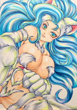 5_fingers big_breasts big_eyes big_hands biped blue_eyes blue_hair breasts claws convenient_censorship ear_tuft eyebrows eyelashes female fingers flowing_hair fur hair hands_on_legs hands_on_thighs light_body light_skin lips long_hair looking_at_viewer nude pointy_ears pose prick_ears red_claws simple_background sitting solo thick_thighs thin_eyebrows tuft white_background white_body white_fur yellow_lighting asuno_wanko capcom darkstalkers felicia_(darkstalkers) animal_humanoid cat_humanoid felid felid_humanoid feline feline_humanoid humanoid mammal mammal_humanoid 2026 absurd_res colored half-length_portrait hi_res line_art marker_(artwork) pinup portrait shaded soft_shading traditional_media_(artwork)
