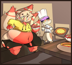 ambiguous_gender anthro belly belly_expansion belly_inflation big_belly big_butt bloated border butt clothing duo expansion feederism feeding food food_fetish huge_belly inflation male male/male navel orange_border overweight overweight_anthro pizza sound_effects stretched_clothing stuffing torn_clothing weight_gain phantomdgen canid canine fox fox_spirit lagomorph leporid mammal rabbit colored digital_drawing_(artwork) digital_media_(artwork)