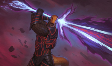 abstract_background action_pose anthro armor black_armor blue_eyes clothed clothing fangs looking_at_viewer male male_anthro open_mouth orange_body pose solo standing teeth aduran scalie hi_res portrait three-quarter_portrait