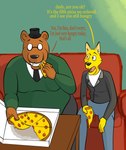 anthro belly canon_couple duo food male moobs overweight overweight_male pizza romantic romantic_couple stuffing text thick_arms mintsfresh69 night_in_the_woods angus_delaney gregg_lee bear canid canine fox mammal english_text hi_res