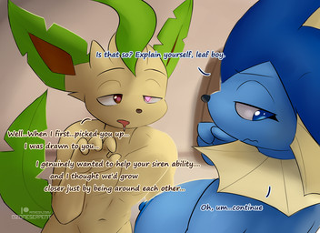 anthro anthrofied areola big_breasts blue_areola blue_body blue_eyes blue_nipples bodily_fluids breasts dialogue drooling duo female frill_(anatomy) green_body heart_eyes heart_symbol huge_breasts hypnosis hypnotic_eyes leaf leaf_hair leaf_tail male male/female mind_control multicolored_body neck_frill nipples nude nude_anthro nude_female nude_male plant plant_hair pokemorph pseudo_hair saliva simple_background tail tan_body text two_tone_body ozoneserpent nintendo pokemon eeveelution generation_1_pokemon generation_4_pokemon leafeon mammal pokemon_(species) vaporeon 11:8 2025 english_text