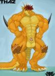 abs animal_genitalia anthro balls genitals male muscular muscular_anthro muscular_male nude pecs penis penis_tip sheath simple_background solo tail sr71beta mythology thaz_(character) dragon hybrid mythological_creature mythological_scalie scalie