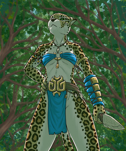5_fingers accessory alternative_fashion anthro arm_markings armor athletic athletic_anthro athletic_female beads belt biped black_markings black_nose black_spots blue_bottomwear blue_clothing blue_loincloth blush body_blush bottomwear bracers breasts brown_body brown_fur brown_markings brown_spots charm_(jewelry) chest_tuft chest_wraps claw_slits clothed clothed_anthro clothed_female clothing countershade_arms countershade_face countershade_fur countershade_hands countershade_legs countershade_neck countershade_tail countershade_torso countershading crotch_apron dagger dominant dominant_female ear_markings facial_markings fangs female female_anthro fingers forehead_markings front_view fur gold_(metal) gold_armor gold_belt_buckle green_eyes green_sclera half-closed_eyes hand_markings hand_on_hip hand_on_own_hip head_markings holding_dagger holding_knife holding_melee_weapon holding_object holding_weapon humanoid_hands jaguar_spots jewelry knife leg_markings leopard_spots loincloth looking_at_viewer looking_down looking_down_at_viewer low-angle_view markings melee_weapon mouth_closed multicolored_body multicolored_clothing multicolored_ears multicolored_fur narrowed_eyes nature nature_background necklace no_irises outside plant shoulder_markings small_breasts solo spots spotted_body spotted_fur spotted_markings spotted_tail standing string tail tail_markings tan_body teeth tooth_necklace topwear tree tribal trinkets tuft under_boob unimpressed weapon white_body white_countershading white_fur white_inner_ear worm's-eye_view wraps yellow_body yellow_fur dawnlux felid jaguar mammal pantherine 5:6 digital_media_(artwork) english_description hi_res portrait three-quarter_portrait