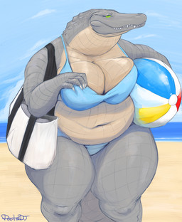 anthro ball beach beach_ball big_breasts bikini biped breasts clothed clothing day female female_anthro green_eyes grey_body grey_scales huge_breasts huge_thighs inflatable non-mammal_breasts outside overweight overweight_anthro overweight_female partially_clothed_female sand scales seaside sharp_teeth skimpy sky solo swimwear teeth thick_thighs two-piece_swimsuit doctordj amelia_(doctordj) alligator alligatorid crocodilian reptile scalie hi_res