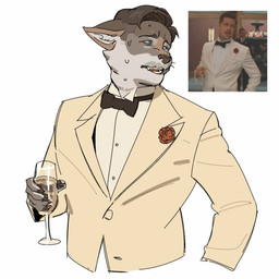 anthro beverage black_tie_(suit) blue_eyes bodily_fluids bow_tie brown_hair champagne_glass clothing container cup drinking_glass floppy_ears fur glass glass_container glass_cup grey_body grey_fur hair holding_beverage holding_object looking_aside male multicolored_body multicolored_fur open_mouth pointy_ears short_hair simple_background snout solo suit sweat sweatdrop two_tone_body two_tone_fur white_body white_fur ddcrushh aldo_raine canid canine mammal 1:1 digital_drawing_(artwork) digital_media_(artwork) hi_res reference_image