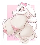 abstract_background accessory anthro big_breasts biped blush bodily_fluids bow_(feature) bow_accessory bow_ribbon breasts centered_hair_bow female fur hair hair_accessory hair_bow hair_ribbon hand_on_breast huge_breasts hyper hyper_breasts lactating milk nipples open_mouth overweight overweight_anthro overweight_female ribbons solo thick_thighs white_body white_fur white_hair tartnsfw brandie_(kawaiijetty) canid canine canis domestic_dog mammal poodle hi_res