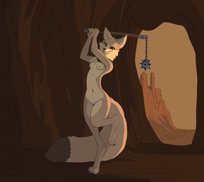 amber_eyes anthro barely_visible_genitalia black_tail_tip breasts cave dipstick_tail female flail front_view fur genitals holding_flail holding_melee_weapon holding_object holding_weapon markings melee_weapon nude small_breasts solo standing tail tail_markings tan_body tan_fur weapon garbagegarage canid canine fennec_fox fox mammal true_fox hi_res