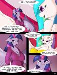 2016 anthro anthrofied breasts cleavage clothed clothing comic conditional_dnp dialogue digital_media_(artwork) duo english_text equid equine feathered_wings feathers female friendship_is_magic hair half-closed_eyes hands_behind_back hasbro hi_res horn long_hair mammal multicolored_hair my_little_pony mythological_creature mythological_equine mythology narrowed_eyes open_mouth princess_celestia_(mlp) purple_body purple_eyes suirano text twilight_sparkle_(mlp) white_body winged_unicorn wings