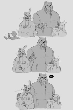 anthro bag black_sclera bow_tie cigarette claws clothing dialogue female fingers gore group hair hat headgear headwear hoodie larger_male long_ears machine male ponytail profanity scar simple_background size_difference smaller_female smaller_male smile standing teeth text topwear young kato200_0 five_nights_at_freddy's five_nights_at_freddy's:_security_breach freddy_fazbear's_pizzeria_simulator scottgames steel_wool_studios burntrap_(fnaf) henry_emily_(fnaf) vanessa_(fnaf) animatronic bear human lagomorph leporid mammal rabbit robot 2022 artist_name digital_media_(artwork) english_text greyscale hi_res monochrome signature sketch