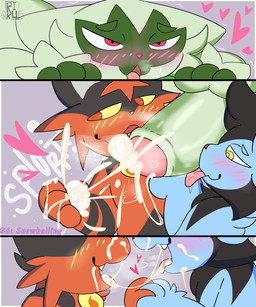 anthro blush blush_lines bodily_fluids cum french_kissing genital_fluids group group_sex heart_symbol kissing male male/male masturbation messy musk orgasm orgasm_face penile saliva saliva_on_tongue sex shaking snowballing threesome trio rikuwolfpaws nintendo pokemon felid feline floragato generation_4_pokemon generation_7_pokemon generation_9_pokemon luxio mammal pokemon_(species) torracat 5:6 absurd_res comic hi_res