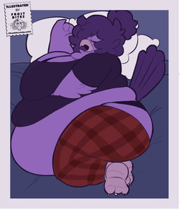 anthro beak bed bedding belly big_belly big_breasts black_clothing black_shirt black_topwear blanket bra breasts checkered checkered_clothing clothing feet female furniture hair huge_belly obese obese_female overweight overweight_female panties pattern_clothing pillow purple_body purple_hair shirt sleeping solo talons toes topwear underwear icebitez jinx_(jinx_birdy) avian bird hi_res