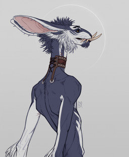 anthro big_ears fur glistening glistening_eyes grey_body grey_fur male male_anthro mouth_closed orange_eyes simple_background solo standing white_body white_fur riorix chimera 2024 dated hi_res