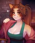 5_fingers anthro barista big_breasts breasts brown_hair cafe cleavage clothed clothing coffee_shop facial_piercing female fingers hair half-closed_eyes heart_eyes heart_symbol long_hair looking_at_viewer narrowed_eyes piercing ponytail smile solo sparkles waitress_(artist) lexie canid canine canis domestic_dog mammal 2019 digital_media_(artwork) shaded