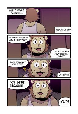 answering_door anthro brown_hair clothing cute_fangs dialogue door duo fangs four_frame_image front_view greeting hair happy looking_up male offscreen_character round_ears shirt tank_top teeth text topwear white_clothing white_shirt white_topwear yellow_body t0l0k scott_(t0l0k) felid lion mammal pantherine comic english_text hi_res multiple_scenes