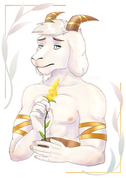 abs anthro belok(kowa) blue_eyes floppy_ears flower hair horn male nipples plant ribbons simple_background solo white_body white_hair nlija bovid caprine goat mammal absurd_res hi_res