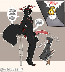 accessory animal_genitalia animal_penis anthro ball_tuft balls big_balls big_penis black_body black_fur bodily_fluids canine_genitalia canine_penis chastity_cage chastity_device claws cock_ring cum cum_in_mouth cum_inside cum_on_face cumshot dialogue duo ejaculation fluffy fluffy_tail fur genital_fluids genitals huge_penis jewelry kneeling knot male male/male penis penis_accessory penis_jewelry red_claws side_view tail text tuft zacharysmith mythology zariah_(ziokleos) angel canid canid_demon canine canis demon domestic_dog hellhound mammal mythological_canine mythological_creature wolf english_text hi_res