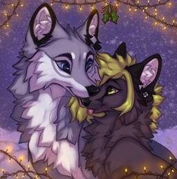 ambiguous_gender black_body black_fur blep blue_body blue_eyes blue_fur celebration christmas_decorations christmas_lights digitigrade duo ear_piercing ear_stud eye_contact facial_markings feral feral_with_hair front_view fur garland green_eyes green_hair grey_body grey_fur hair happy head_markings larger_ambiguous larger_feral licking licking_another licking_nose licking_partner looking_at_another looking_at_partner looking_away looking_down looking_down_at_another looking_down_at_partner looking_forward looking_up looking_up_at_another looking_up_at_partner love markings mistletoe mouth_closed multicolored_body multicolored_fur night outside piercing plant pointy_ears prick_ears pupils quadruped romantic romantic_couple sitting size_difference smaller_ambiguous smaller_feral smile smiling_at_another smiling_at_partner snow snowing text tongue tongue_out whiskers white_body white_fur taka_(artist) a.o.kigahara taka_fox canid canine canis fox mammal true_fox wolf 2023 artist_name bust_portrait detailed digital_drawing_(artwork) digital_media_(artwork) hi_res portrait shaded signature