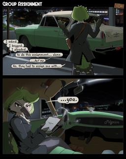 5_fingers ambiguous_gender ambiguous_pov angry anthro beak biped black_clothing black_coat black_eyewear black_sunglasses black_text black_topwear bottomwear brown_clothing brown_eyes brown_footwear brown_pupils brown_shoes building car city classic_car clipboard clothed clothed_anthro clothed_female clothing coat dialogue duo eyebrows eyelashes eyewear feathers female female_anthro female_focus fingers first_person_view footwear freckled_face freckles green_body green_feathers green_hair grey_beak grey_body grey_bottomwear grey_clothing grey_eyebrows grey_feathers grey_freckles grey_pants gun hair handgun head_turned holding_clipboard holding_object inside_car inside_vehicle license_plate loafers logo long_beak looking_at_viewer messenger_bag multicolored_body multicolored_feathers narrowed_eyes night open_beak open_mouth outside pants paper pink_tongue pistol plantigrade pupils ranged_weapon shoes short_hair sitting solo_focus speech_bubble standing street sunglasses tail tail_feathers talking_to_another talking_to_viewer text tongue topwear vehicle weapon white_body white_feathers white_text posspowered pinni_farina_(posspowered) apodiform avian bird calliope_hummingbird hummingbird trochilinae 2026 absurd_res artist_logo comic english_text hi_res