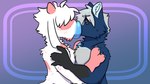 2_fingers anthro black_sclera blue_background blue_body blue_fur blue_lips bodily_fluids claws donut_mouth duo eyeless finger_claws fingers fur hand_on_shoulder hyper hyper_lips kiss_on_lips kissing lips male male/male pink_body pink_fur purple_background simple_background sweat sweatdrop thick_lips white_body white_fur midnite_fsnax rox_(midnite_fsnax) bovid canid canine canis caprine goat hybrid mammal wolf 16:9 hi_res widescreen trans_(lore) trans_man_(lore)