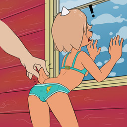 1_horn 5_fingers ambiguous_gender ambiguous_human ambiguous_on_anthro anthro anthro_focus bent_over black_nose bra breasts buckle building clothed clothed_anthro clothed_female clothing disembodied_hand duo emanata exclamation_point female female/ambiguous female_anthro female_on_human fingers hair head_horn hidden_eyes horn human_on_anthro humanoid_hands interspecies light_body light_hair light_skin lightning_bolt monotone_body monotone_hair monotone_skin mostly_offscreen_ambiguous mostly_offscreen_character mostly_offscreen_human open_mouth orange_body orange_skin outside panties short_hair short_snout short_tail slim slim_anthro slim_female small_breasts snout solo_focus standing surprised tail tail_grab tan_body tan_hair tan_skin teal_bra teal_clothing teal_panties teal_underwear teeth three-quarter_view underwear underwear_only wall_(structure) white_horn window wood wood_wall kamikiller adventure_time cartoon_network bronwyn_(adventure_time) bear canid canine human hybrid mammal pup_(adventure_time) rainicorn 1:1 hi_res portrait three-quarter_portrait