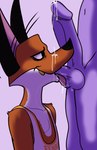 anthro ball_lick ball_suck balls balls_in_mouth bodily_fluids clothing cum cum_drip cum_on_face dripping erection fellatio genital_fluids genitals gold_(metal) gold_tooth humanoid_genitalia humanoid_penis licking male male/male oral penile penis purple_background purple_body sex simple_background smug sucking text text_on_clothing tongue tongue_out binkykun 101_dalmatian_street 101_dalmatians disney femboy_hooters anon fergus_(101_dalmatians) canid canine fox mammal english_text hi_res shaded