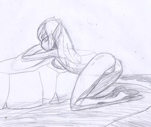 arm_fin bent_over butt facial_markings female fin forehead_markings genitals hair head_markings laying_on_rock long_hair looking_at_viewer looking_back looking_back_at_viewer markings nude nude_female pointy_ears rear_view slim solo vulva water heavy147 blue_submarine_no._6 mutio animal_humanoid aquatic aquatic_humanoid fish fish_humanoid humanoid nereid sketch