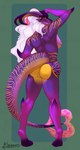 anthro arm_spikes breasts claws elbow_spikes female genitals hair horn long_hair long_tail looking_at_viewer looking_back markings nipples purple_body pussy solo spikes spikes_(anatomy) striped_markings stripes tail toe_claws white_hair flabberd dralic