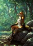 2018 5_fingers anthro biped black_lips black_nose breasts canid canine casual_nudity dappled_light day detailed_background digital_media_(artwork) digitigrade falling_leaves featureless_breasts female fingers forest forest_background fox full-length_portrait hi_res holding_knee holding_leg johis light lily_pad lips mammal nature nature_background on_rock outside partially_submerged plant pond portrait reyna_(reynafox) rock scenery shrub side_view sitting slim small_breasts smile solo sunlight tree under_shade water whiskers wind