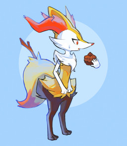 3_fingers 3_toes 5_fingers ambiguous_anthro ambiguous_gender anthro arm_tuft biped black_body black_fur blue_background bodily_fluids cheek_tuft chest_tuft cute_fangs digitigrade dipstick_tail disembodied_hand duo facial_tuft fangs featureless_chest featureless_crotch feeding feet fingers flat_chested food fur grey_body grey_fur hip_tuft holding_food holding_object inner_ear_fluff looking_at_food looking_at_object looking_down markings multicolored_body multicolored_fur nude_ambiguous nude_anthro object_in_tail on_model open_mouth orange_body orange_eyes orange_fur orange_inner_ear_fluff orange_nose orange_tail_tip paws pointy_ears poke_puff prick_ears shoulder_tuft side_view simple_background solo_focus standing stick stick_in_tail sweat sweatdrop tail tail_markings tapering_snout teeth toes tuft two_tone_tail white_body white_fur yellow_body yellow_fur yellow_tail zigggypiggy nintendo pokemon braixen canid generation_6_pokemon human mammal pokemon_(species) 2026 absurd_res colored digital_drawing_(artwork) digital_media_(artwork) full-length_portrait hi_res portrait shaded