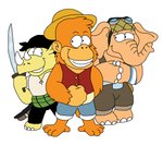 anthro clothed clothing cosplay group horn male melee_weapon muscular muscular_male simple_background sword toonidae trio trunk weapon white_background camp_lazlo cartoon_network one_piece clam_(camp_lazlo) lazlo raj_(camp_lazlo) elephant elephantid haplorhine mammal monkey primate proboscidean rhinoceros crossover hi_res