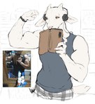 anthro cellphone clothing curved_horn electronics eyebrow_piercing facial_piercing flexing flexing_bicep fur headphones horn male mirror_selfie phone piercing pink_nose selfie shirt smartphone solo tank_top topwear white_body white_fur yellow_sclera dullvivid kane_(dullvivid) bovid caprine goat mammal hi_res