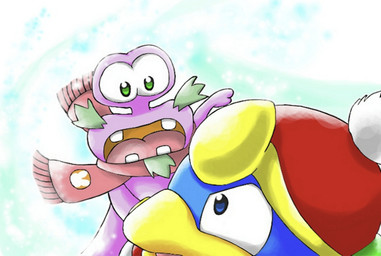 anthro beak blue_body blue_eyes blue_feathers clothing duo facial_hair feathers goatee green_eyes hat headgear headwear male mature_anthro mature_male open_mouth purple_body scarf yellow_beak chasoba11 kirby:_right_back_at_ya! kirby_(series) nintendo escargoon king_dedede avian bird gastropod mollusk penguin snail 2011 japanese_description