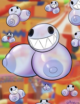 areola big_breasts black_eyes breasts female grey_areola grey_nipples huge_breasts nipples not_furry open_mouth sharp_teeth smile solo teeth tongue tongue_out white_body philahorns glitch_productions the_amazing_digital_circus bubble_(tadc) animate_inanimate hi_res