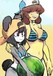 anthro beach big_breasts bikini black_body black_eyes black_fur black_hair breast_size_difference breasts brown_hair clothing duo female flat_chested food fruit fur hair hair_over_eyes hat headgear headwear melon open_mouth open_smile plant seaside smile swimwear two-piece_swimsuit watermelon white_body white_fur yellow_body yellow_fur colo ken_ashcorp kenny_(kenashcorp) sam_kensington bear canid canine canis domestic_dog giant_panda mammal