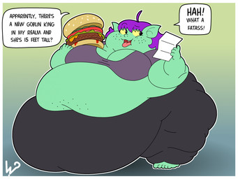 5_fingers 5_toes belly big_belly big_breasts border bottomwear breasts burger cleavage clothed clothing eyebrows feet female fingers food green_body hair holding_food holding_object holding_paper huge_belly hyper hyper_belly morbidly_obese morbidly_obese_female obese obese_female open_mouth overweight overweight_female pants paper pink_tongue purple_hair raised_eyebrows shirt solo standing text toes tongue tongue_out topwear white_border ginny_the_fat_bear goblin english_text hi_res