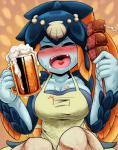 accessory alcohol apron beer beer_foam beer_mug beverage big_breasts blue_body blue_scales blush breasts cleavage clothed clothing container cup drinking_alcohol drinking_beer drunk eyes_closed fangs female foam food front_view hair hair_accessory happy heart_in_mouth heart_symbol holding_container holding_cup holding_food holding_mug holding_object kebab legwear liquid_on_breast meat mug open_mouth open_smile ponytail pseudo_hair scales seashell shell simple_background sitting smile solo substance_intoxication teeth tongue topwear bugge_man skullgirls minette animal_humanoid dagonian fish humanoid marine marine_humanoid 2017