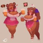 1:1 2019 alcohol ambiguous_penetration ankle_strap_heels anthro areola areola_slip bear beau_(luxurias) beverage big_breasts blush bodily_fluids bottomwear breasts brown_background brown_bear brown_body brown_fur brown_hair clenched_teeth clothed clothing cum curvy_figure dark_body dark_fur dialogue drooling duo english_text exclamation_point female female_focus footwear fully_clothed fur genital_fluids glistening glistening_body glistening_clothing grizzly_bear hair hat headgear headwear heart_eyes heart_symbol hi_res high_heeled_sandals high_heels holding_object lactating lactating_through_clothing long_hair maid_uniform mammal milk multiple_images one_eye_closed open_mouth open_smile penetration pictographics platform_footwear platform_heels reverse_stand_and_carry_position saliva sandals sex shoes signature simple_background size_difference skirt smaller_female smile solo_focus speech_bubble standing standing_sex surprise teeth text thiccwithaq thick_thighs uniform upskirt_sex ursine voluptuous wet wet_clothing white_clothing white_footwear white_high_heels wide_hips wink