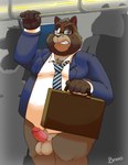 anthro balls belly big_belly black_nose briefcase brown_body clothing erection eyewear genitals glasses group male mature_male moobs necktie one_eye_closed overweight overweight_male penis shirt solo_focus topwear bravo canid canine mammal raccoon_dog tanuki 2023 absurd_res hi_res