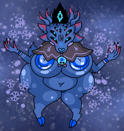 anthro bell bell_collar belly big_belly big_breasts big_nipples breasts cold collar crown elemental_manipulation female genitals headgear horn huge_breasts huge_nipples hyper hyper_breasts hyper_nipples ice_manipulation looking_at_viewer multi_eye navel nipples nude snowflake snowflake_pattern solo vulva dahliathefox cult_of_the_lamb massive_monster_(studio) yngya_(cult_of_the_lamb) bovid caprine demon mammal sheep