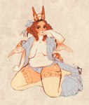 anthro areola back_wings belly big_breasts biped blush bow_(feature) bow_ribbon breasts brown_eyes brown_hair clothed clothing curly_hair eyelashes eyeshadow female frilly fur gold_(metal) gold_jewelry gold_necklace hair halo heart_necklace jewelry legwear lingerie_panties makeup medium_hair necklace open_clothing robe simple_background slightly_chubby solo stretch_marks tan_body tan_fur thick_thighs thigh_highs white_belly white_sclera wings yellow_clothing yellow_legwear yellow_thigh_highs swollenbabyfat lagomorph leporid mammal rabbit digital_media_(artwork) hi_res