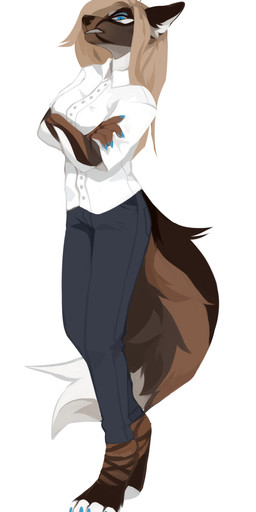 anthro blue_claws blue_eyes blue_pawpads bottomwear brown_body brown_fur claws clothed clothing crossed_arms fangs female fluffy fluffy_tail fur grey_bottomwear grey_clothing grey_pants hair looking_at_viewer narrowed_eyes pants pawpads simple_background solo standing tail tan_hair teeth topwear unsigned white_background white_body white_clothing white_fur white_topwear corzh77 canid mammal absurd_res full-length_portrait hi_res portrait