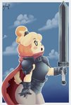 anthro armor bottomwear broadsword clothing cloud cosplay crossover_cosplay female gloves handwear melee_weapon pants scarf shoulder_pads solo sword weapon panthera_cantus animal_crossing berserk_(series) nintendo guts_(berserk) isabelle_(animal_crossing) canid canine canis domestic_dog mammal colored crossover digital_media_(artwork) hi_res