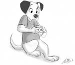 3_toes 4_fingers anthro anthrofied biped bottomless clothed clothing earbuds electronics feet fingers fur headphones hidden_mickey holding_object holding_phone male phone shirt simple_background sitting solo t-shirt toes topwear white_background betsythebeaver 101_dalmatians disney lucky_(101_dalmatians) canid canine canis dalmatian domestic_dog mammal 2013 greyscale monochrome signature sketch