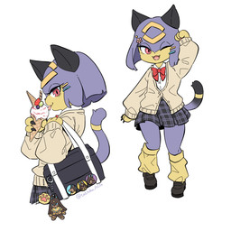 accessory anthro asian_clothing badge biped blue_body blue_hair bottomwear bow_tie button_(fastener) cardigan claws clothed clothing collared_shirt dress_shirt east_asian_clothing eating eating_food eyelashes fangs female flower_accessory food footwear furgonomics gesture hair hair_accessory hairclip handbag happy holding_food holding_ice_cream_cone holding_object ice_cream_cone japanese_clothing jewelry keychain leg_warmers legwear licking licking_ice_cream lidded_eyes looking_at_viewer multicolored_body one_eye_closed open_mouth open_smile pattern_bottomwear pattern_clothing pattern_skirt pawpads paws plaid plaid_bottomwear plaid_clothing plaid_skirt plushie red_eyes ring school_uniform shirt shoes simple_background skirt smile smiling_at_viewer solo standing tail tail_accessory tail_jewelry tail_ring teeth tongue tongue_out topwear two_tone_body uniform white_background wink winking_at_viewer yellow_body tatsuko palworld pocketpair felid feline mammal pal_(species) sekhmet_(pal) 2026 digital_media_(artwork) hi_res signature