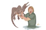 ambiguous_gender blonde_hair caught_in_the_act claws dorsal_ridge duo feral hair holding_another male markings open_mouth partially_submerged simple_background striped_body striped_markings stripes white_background hodarinundu steve_irwin dinosaur human mammal prehistoric_species reptile scalie spinosaurid spinosaurus theropod