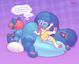 accident accidental_penetration accidental_vore anal anal_vore anthro anus balls breasts butt dialogue duo gaming genitals gloves_(marking) gynomorph gynomorph/gynomorph hair head_in_anus holding_nintendo_switch intersex intersex/intersex leg_markings markings nipple_piercing nipples nude pawpads piercing pillow playing_video_game plushie red_hair simple_background size_difference socks_(marking) tail text vore keffotin nintendo nintendo_switch ellie_(keffotin) soleil_(keffotin) animate_inanimate canid canine lagomorph leporid living_plushie mammal rabbit raccoon_dog tanuki 2021 digital_media_(artwork) english_text hi_res trans_(lore) trans_woman_(lore)