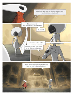anthro biped black_body black_eyes cloak clothing detailed_background dialogue duo empty_eyes eye_contact female female_anthro female_humanoid holding_melee_weapon holding_object holding_sword holding_weapon hornet's_needle looking_at_another melee_weapon mouthless red_cloak red_clothing speech_bubble sword talking_to_another text torn_clothing weapon white_body white_eyes darkdog hollow_knight:_silksong hollow_knight_(franchise) team_cherry hornet_(hollow_knight) lace_(hollow_knight:_silksong) arthropod humanoid 2025 absurd_res comic digital_drawing_(artwork) digital_media_(artwork) english_text hi_res