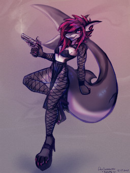 anthro armwear big_tail breasts clothing female fishnet_armwear fishnet_clothing fishnet_leggings fishnet_legwear fluffy fluffy_hair footwear grey_body gun hair handgun high_heels holding_gun holding_handgun holding_object holding_pistol holding_ranged_weapon holding_weapon leggings legwear long_hair looking_at_viewer non-mammal_breasts notched_ear pistol ranged_weapon red_eyes red_hair shark_tail shoes small_breasts smoking_gun solo tail weapon dansharkman kolae jack_(dansharkman) aquatic fish shark 2025 3:4 hi_res